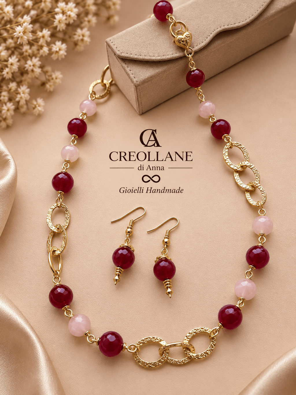Set collana e orecchini Collana e Orecchini Quarzo Rosa e Radice di Rubino | Made in Italy - Handmade Made in Italy
