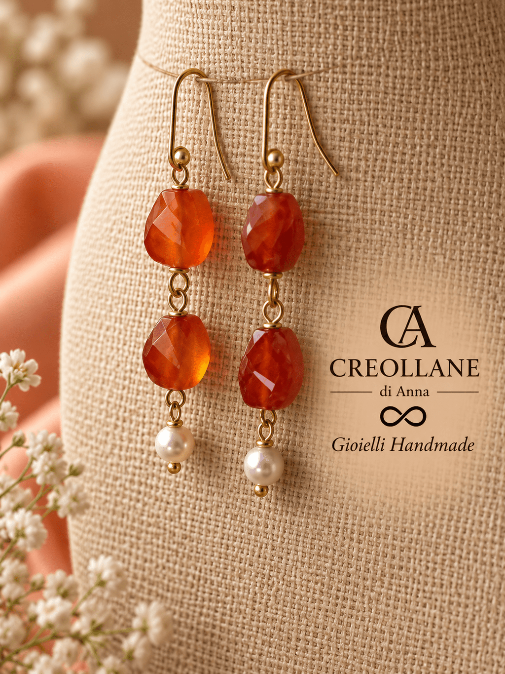 Set collana e orecchini Collana Semirigida e Orecchini Corniola, Perle e Cavalluccio | Made in Italy - Handmade Made in Italy