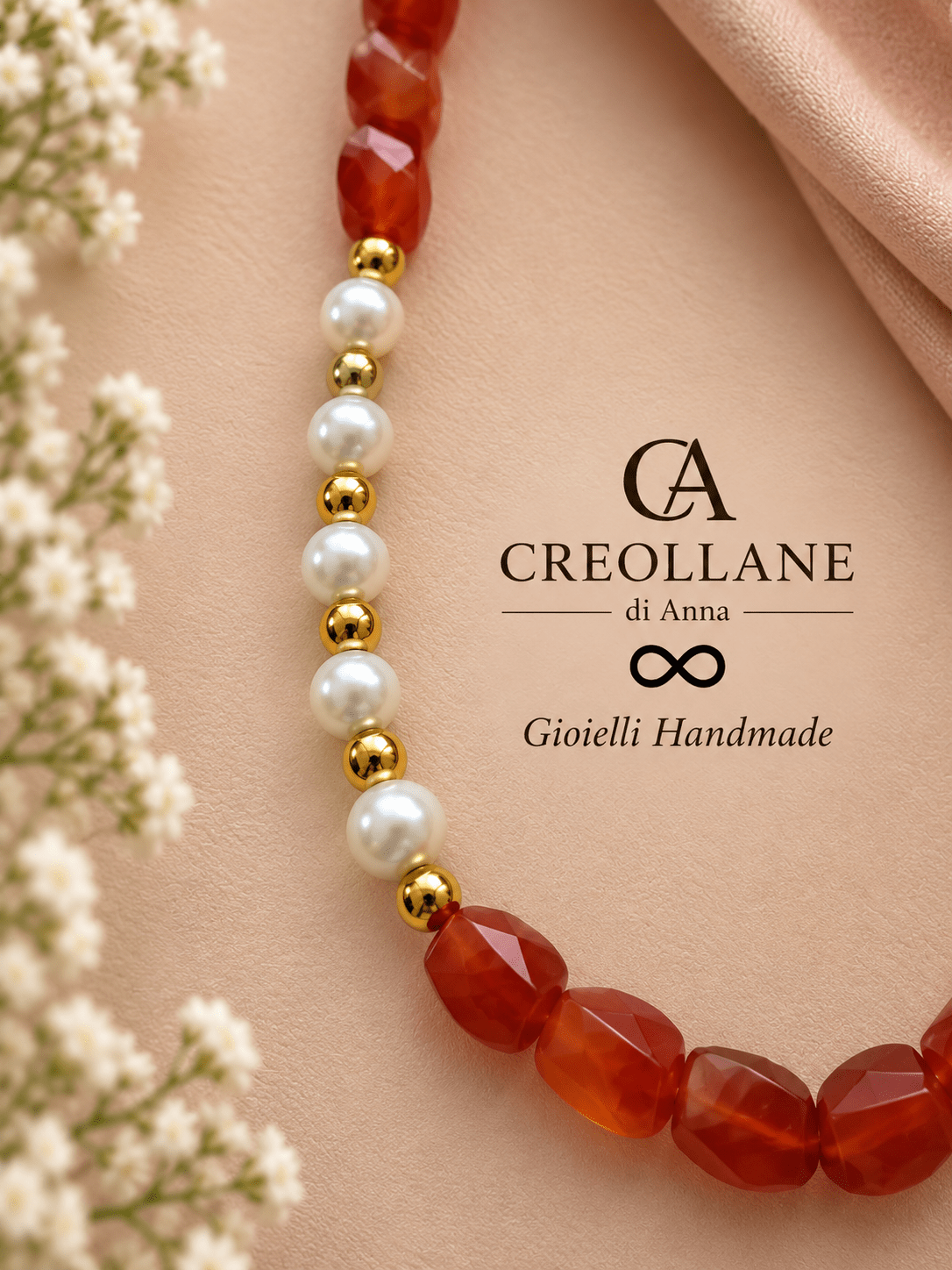 Set collana e orecchini Collana Semirigida e Orecchini Corniola, Perle e Cavalluccio | Made in Italy - Handmade Made in Italy