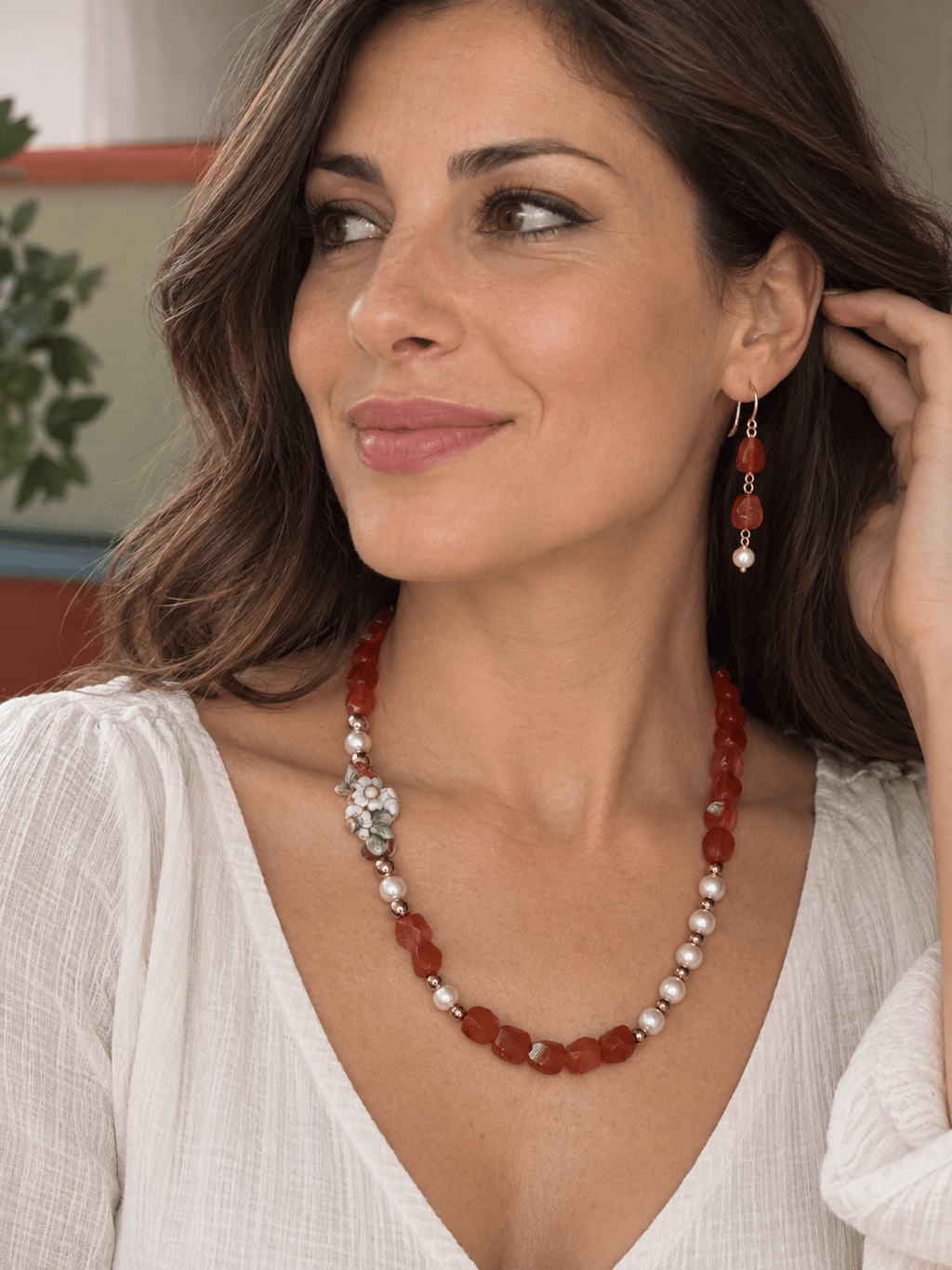 Set collana e orecchini Collana Semirigida e Orecchini Corniola, Perle e Cavalluccio | Made in Italy - Handmade Made in Italy