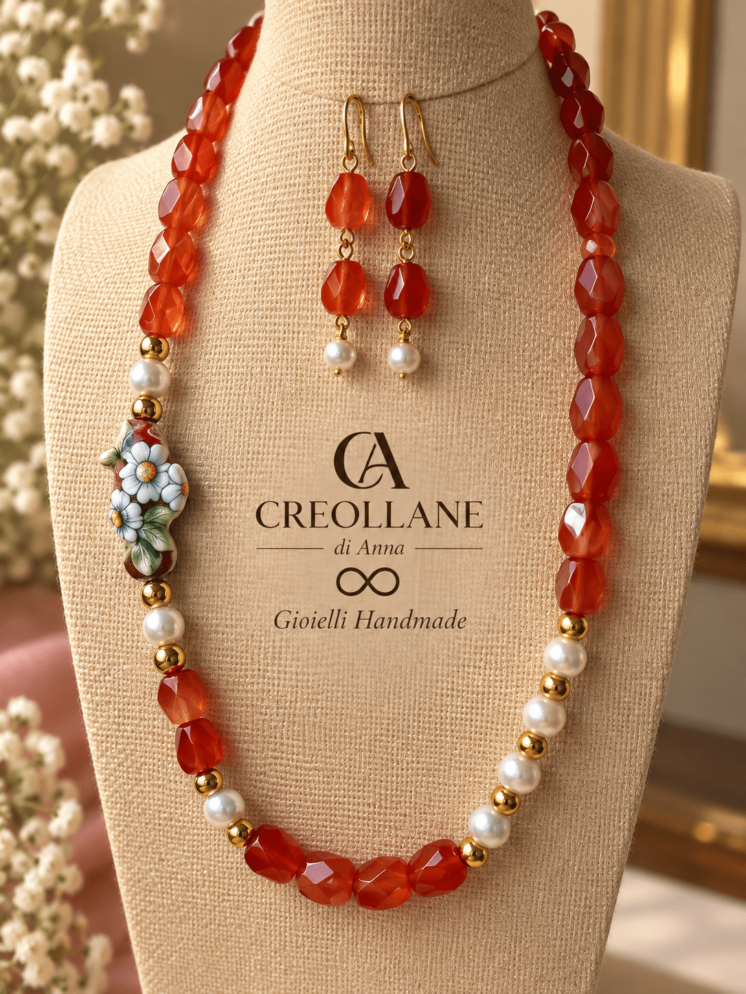 Set collana e orecchini Collana Semirigida e Orecchini Corniola, Perle e Cavalluccio | Made in Italy - Handmade Made in Italy