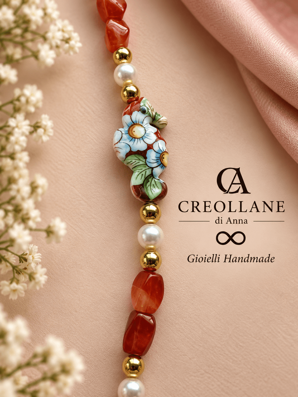 Set collana e orecchini Collana Semirigida e Orecchini Corniola, Perle e Cavalluccio | Made in Italy - Handmade Made in Italy