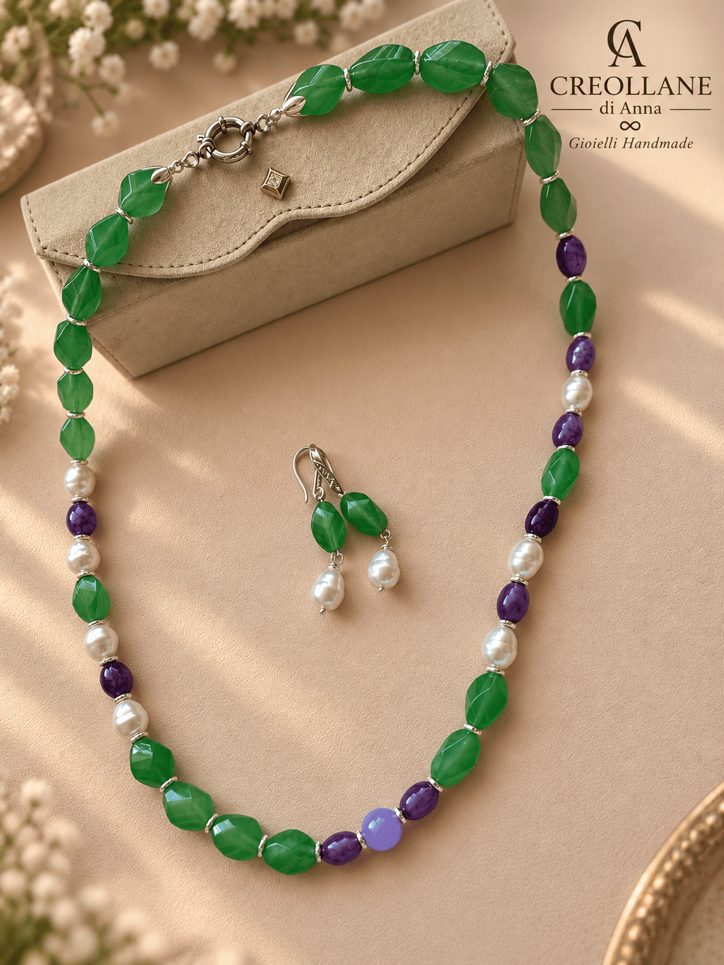 Set Gioielli Collana e Orecchini Agata Verde e Perle di Maiorca | Made in Italy - Handmade Made in Italy