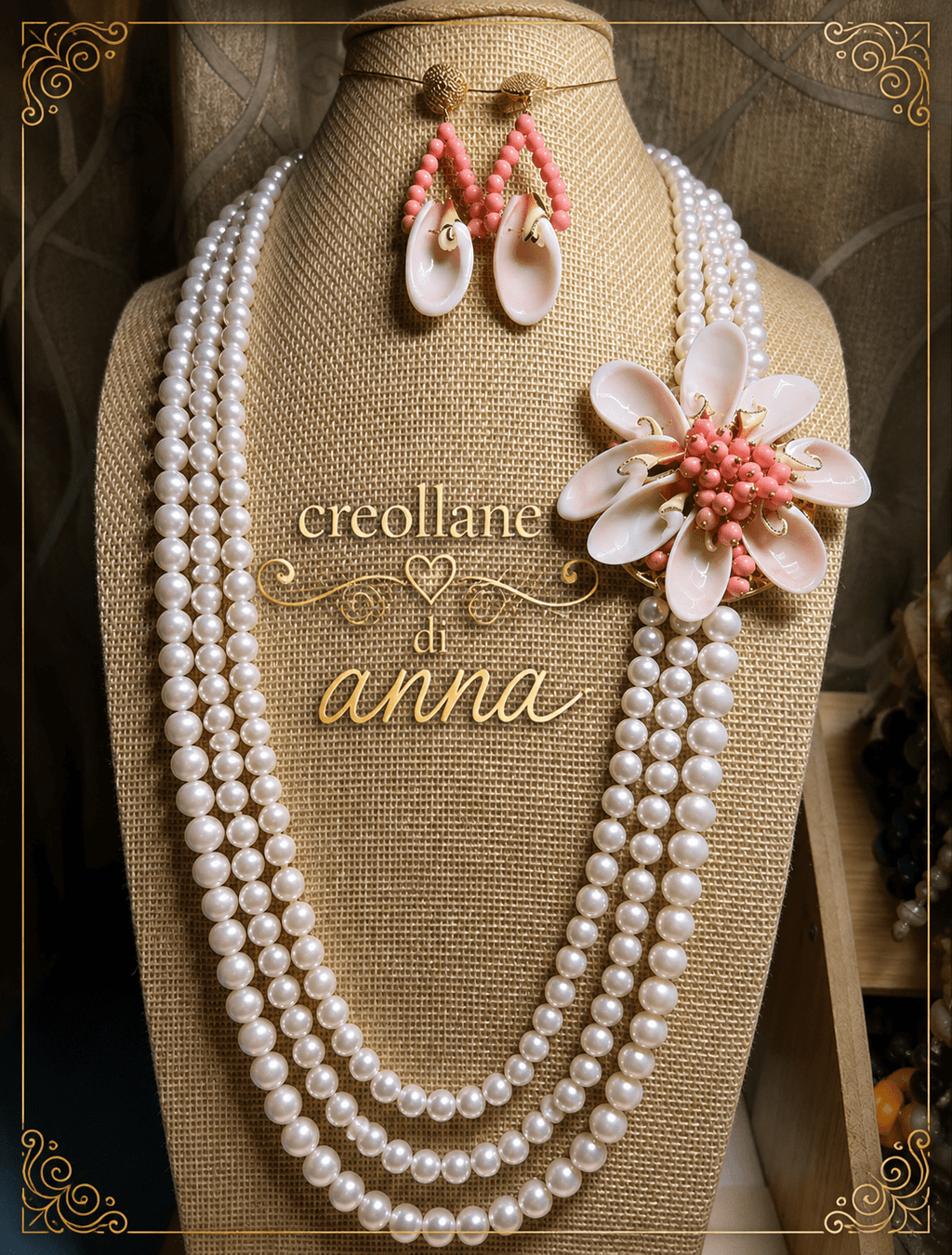 Set Gioielli Set Collana e Orecchini Artigianale Handmade | Perle di Maiorca, Fiore in Conchiglia e Opale Rosa | Made in Italy - Handmade Made in Italy