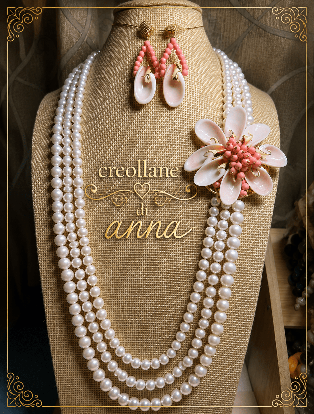 Set Gioielli Set Collana e Orecchini Artigianale Handmade | Perle di Maiorca, Fiore in Conchiglia e Opale Rosa | Made in Italy - Handmade Made in Italy